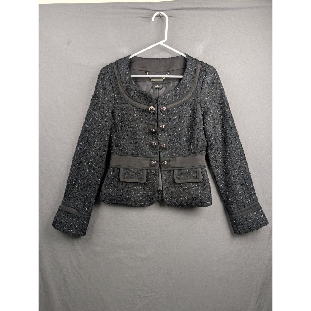 White House Black Market Black Tweed Military Blazer Jacket 00 Grosgrain Trim